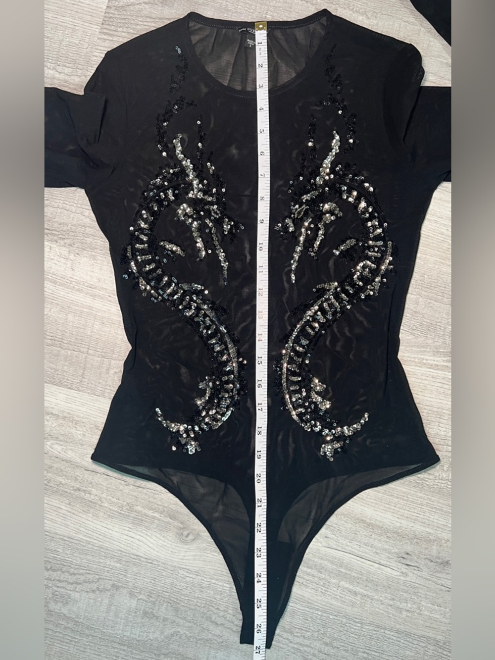 GUESS Black Sheer Long Sleeve Sequin |Dragon Mesh Bodysuit - Picture 6 of 10